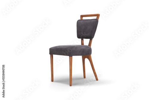 A modern dining chair with grey fabric upholstery and a natural wood frame, shown from multiple angles isolated on a white background