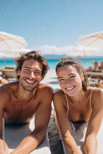 Smiling young couple sunbathing on beach loungers under umbrellas, enjoying summer vacation, ocean view and relaxing tropical holiday atmosphere.