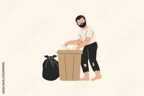 Homeless Man Scavenges for Food Due to Poverty Illustration