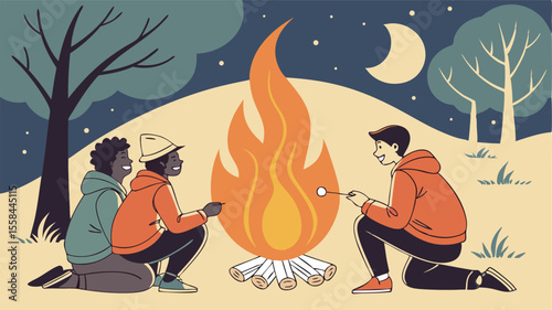 Three people around a campfire at night roasting marshmallows under the moon with trees in the background