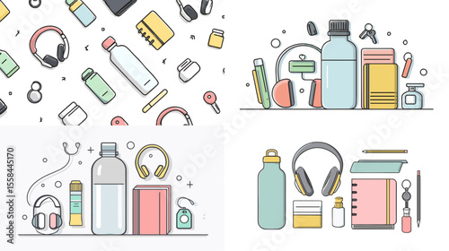 Flat vector illustration of daily essentials including water bottles, headphones, notebooks, and gadgets for personal routine, fitness, and lifestyle content.

