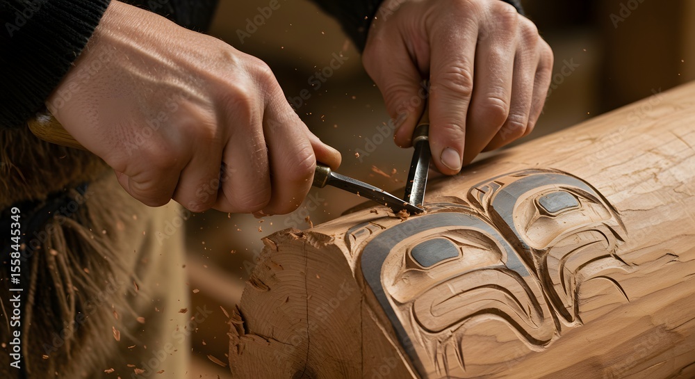 Obraz premium Intricate Wood Carving: Crafting a Native American Design