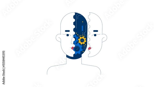 Human head split open to reveal mechanical gears circuits 2D character animation. Cogs rotating. Artificial intelligence integration animated person cartoon 4K video isolated on white transparent