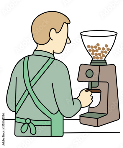  Illustration of a male barista grinding coffee beans using a coffee grinder machine. Great for content related to coffee preparation and cafés.

