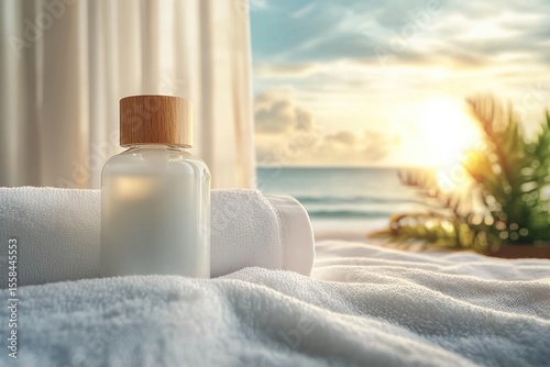 Tranquil beach scene featuring a spa product on a soft towel with ocean view. Relaxation and wellness.
