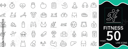 Fitness Line Icon Set 50 Gym, Workout, Exercise, Dumbbell, Cardio and Healthy Lifestyle Icons
