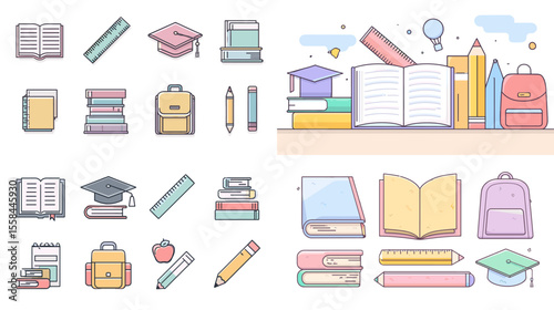 Pastel flat vector illustration of school and education essentials including books, pencils, graduation caps, bags, rulers, and learning tools for back-to-school content.

