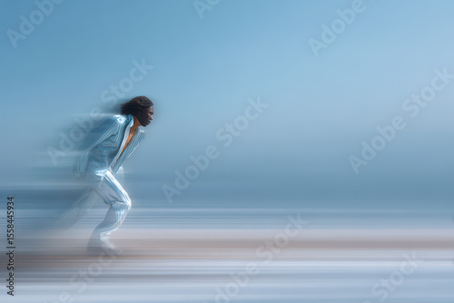 figure skater in dynamic motion gliding gracefully on smooth floor wearing ultrabright colorful costume