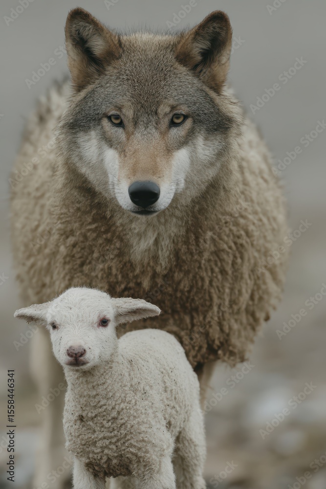 Obraz premium A wolf stands proudly, gripping a lamb by its neck in a stark display of survival instincts. This moment captures the raw realities of life in the wilderness, showcasing nature's harsh balance