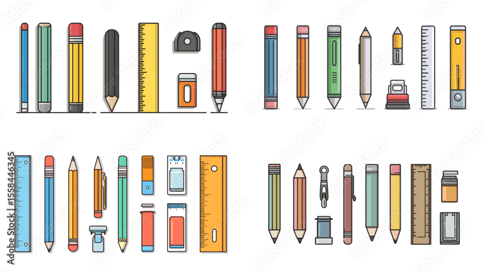 Obraz premium Colorful flat vector illustration of school stationery including pencils, rulers, erasers, sharpeners, pens, and markers for back-to-school and education themes.