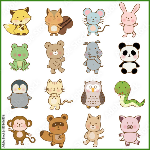 手書き風　楽しいポーズの動物キャラクターセット（体付きイラスト