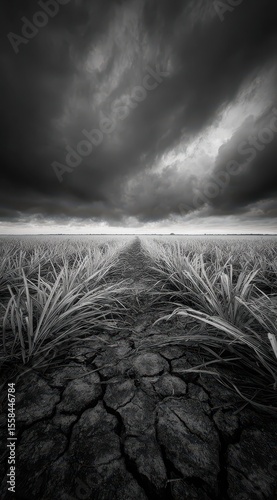 Cracked earth runs through an abandoned sugar cane field, where tufts of dried cane stand against a backdrop of dark, swirling clouds. The scene captures desolation and nature’s reclaim
