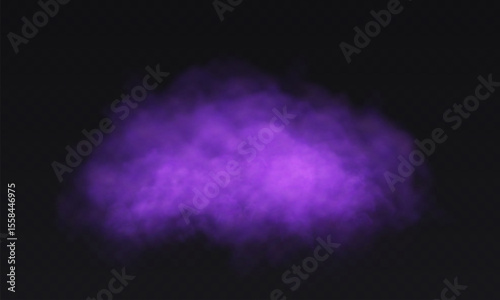 Purple smoke cloud on black transparent background. Fog vector effect.