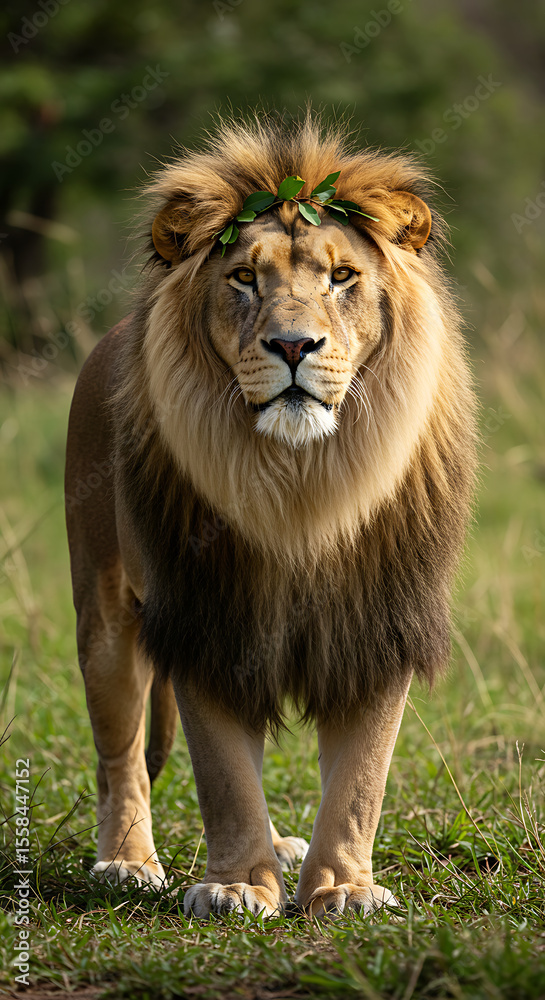 Fototapeta premium Majestic African Lion with a Crown of Leaves