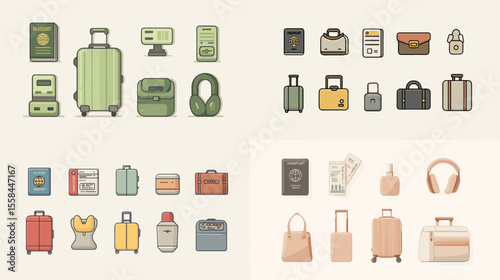 Flat vector illustration of travel essentials including suitcases, passports, headphones, tickets, pouches, and gadgets, perfect for vacation and trip preparation themes.

