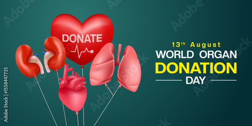 13 th August is World Organ Donation Day. Heart, lung, kidney and more. Great for posters, banners and social media. Dark green background.