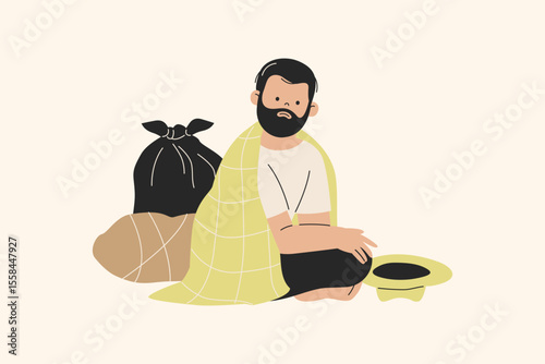 Illustration of Homeless Man with Donation Hat