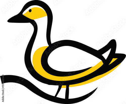 ducky, waterfowl, bird, yellow and black, cartoon, digital art, minimalist illustration
