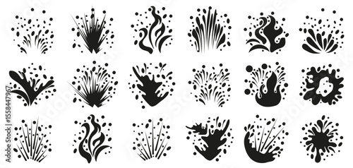 Blast explosions element collection. Set of black abstract bang effect. Holiday salute icons
