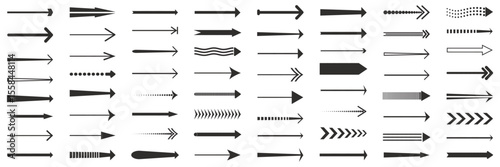 Straight long arrow element collection. Set of black arrow icons. Horizontal arrow pointers