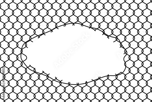Damaged chain fence background. Hole in chain fence