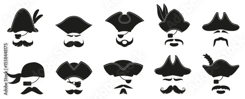 Pirate cocked mask icons with hat and beard. Set of black pirate cocked hat and beard