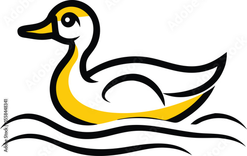 ducky, waterfowl, bird, yellow and black, cartoon, digital art, minimalist illustration
