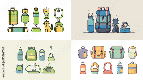 Flat vector illustration of hiking and outdoor gear including backpacks, water bottles, and travel essentials. Perfect for adventure, camping, or travel content.

