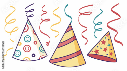 Illustration of three party hats with different patterns and colorful streamers on a white background
