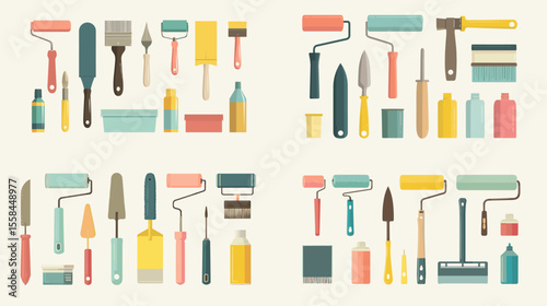 Colorful flat vector set of construction tools including rollers, scrapers, brushes, and bottles. Ideal for renovation, handyman, or DIY themes.

