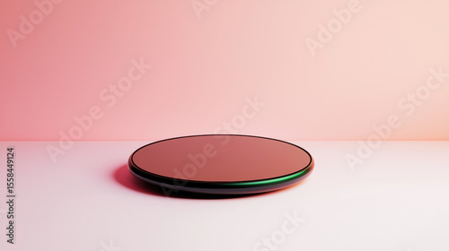  sleek, round, reflective surface placed on a minimalist pink background with subtle shadows and hints of green light.