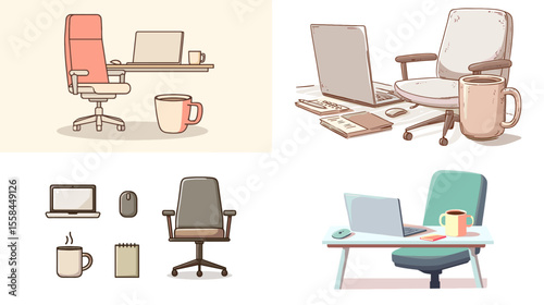 Cozy cartoon illustration of home office setup with laptop, coffee mug, and chair. Perfect for remote work, productivity, or tech lifestyle themes.

