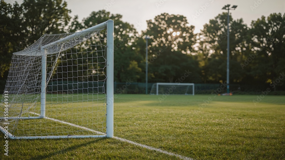 Obraz premium Football goal on open green field with trees,