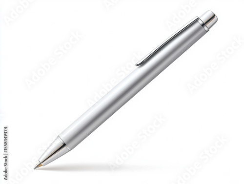Sleek silver ballpoint pen with a clip, isolated on white background, designed for smooth writing and professional use.