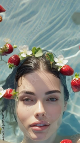 Close-up of a beautiful woman immersed in water with strawberries and white flowers floating around her face in sunlight