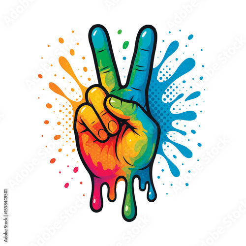Colorful graffiti style hand showing the peace sign with dripping paint and vibrant splashes on white background. Pop art concept. Vector illustration.