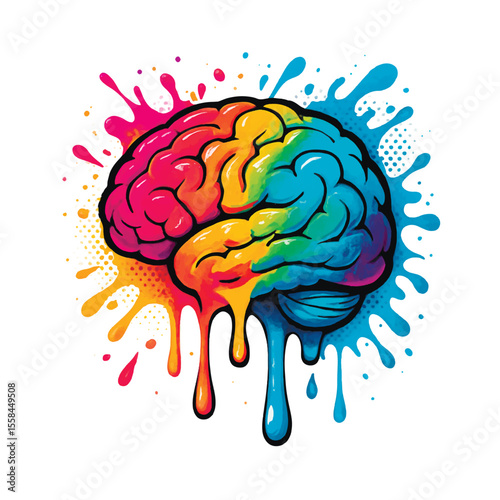 Colorful graffiti style brain with vibrant drips and splashes on a white background. Symbol of creativity, thinking and imagination in vivid rainbow tones. Vector.