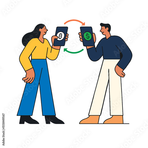Two people exchanging cryptocurrency and dollars via smartphones. Arrows indicate digital money transfer. Modern flat style vector illustration. Isolated on white.