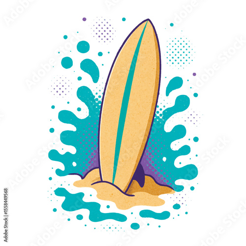 Surfboard stuck in the sand with stylized turquoise water splashes and purple halftone background. Summer beach concept in vibrant pop-art style. Isolated vector on white.