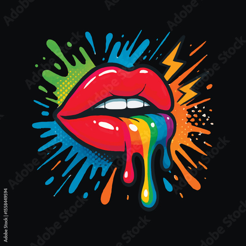 Glossy red lips with dripping rainbow paint and splash background. Bold pop art style on black backdrop, full of energy and color. Modern streetwear vibe. Vector illustration.