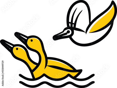 ducky, waterfowl, bird, yellow and black, cartoon, digital art, minimalist illustration
