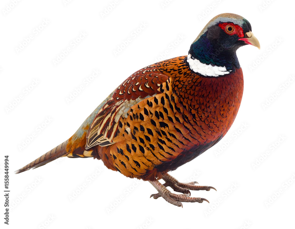 Obraz premium A vibrant male common pheasant stands proudly, showcasing its colorful plumage and distinctive features.