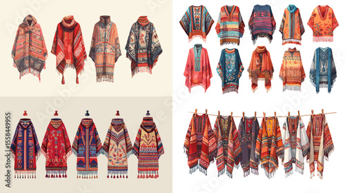 Stylish watercolor illustration of colorful ponchos with ethnic and boho patterns. Ideal for fashion, cultural textiles, or outerwear design collections.

