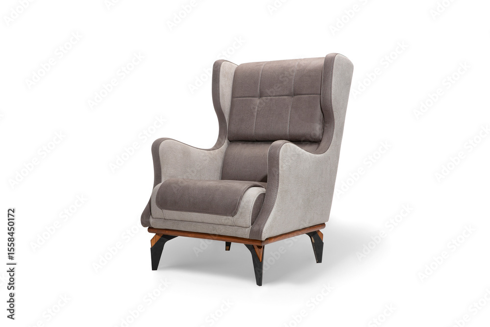 Fototapeta premium A modern armchair with two-tone brown and beige fabric upholstery and a wooden frame, isolated on a white background. Stylish and comfortable seating.