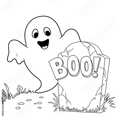 A cheerful ghost playfully waves behind a tombstone that reads “BOO!”, set in a grassy patch with pebbles and a flower.
