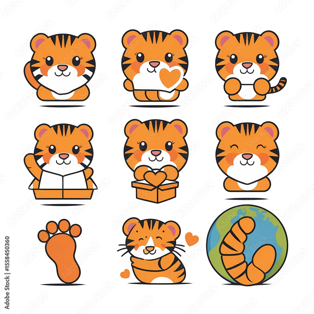 Obraz premium Flat Vector Icon Pack – International Tiger Day, Wildlife Conservation, Tiger Faces