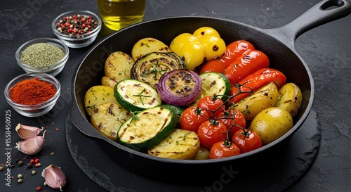 Delicious grilled vegetables in a cast iron pan make a healthy and colorful culinary delight for anyone who appreciates tasty food