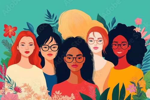 Woman empowerment concept, five different nationality woman, strong together and feminist concept vector i