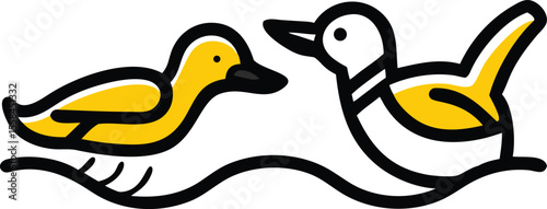 ducky, waterfowl, bird, yellow and black, cartoon, digital art, minimalist illustration
