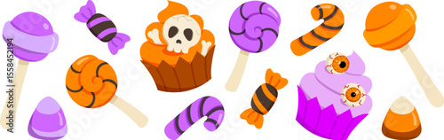 Cute Halloween sweets set. Vector cute orange and violet caramel, spiral lollypop, candy cane, cupcake with zombie eye, skull, bones. Funny cartoon trick or treat desserts holiday decoration, sticker.